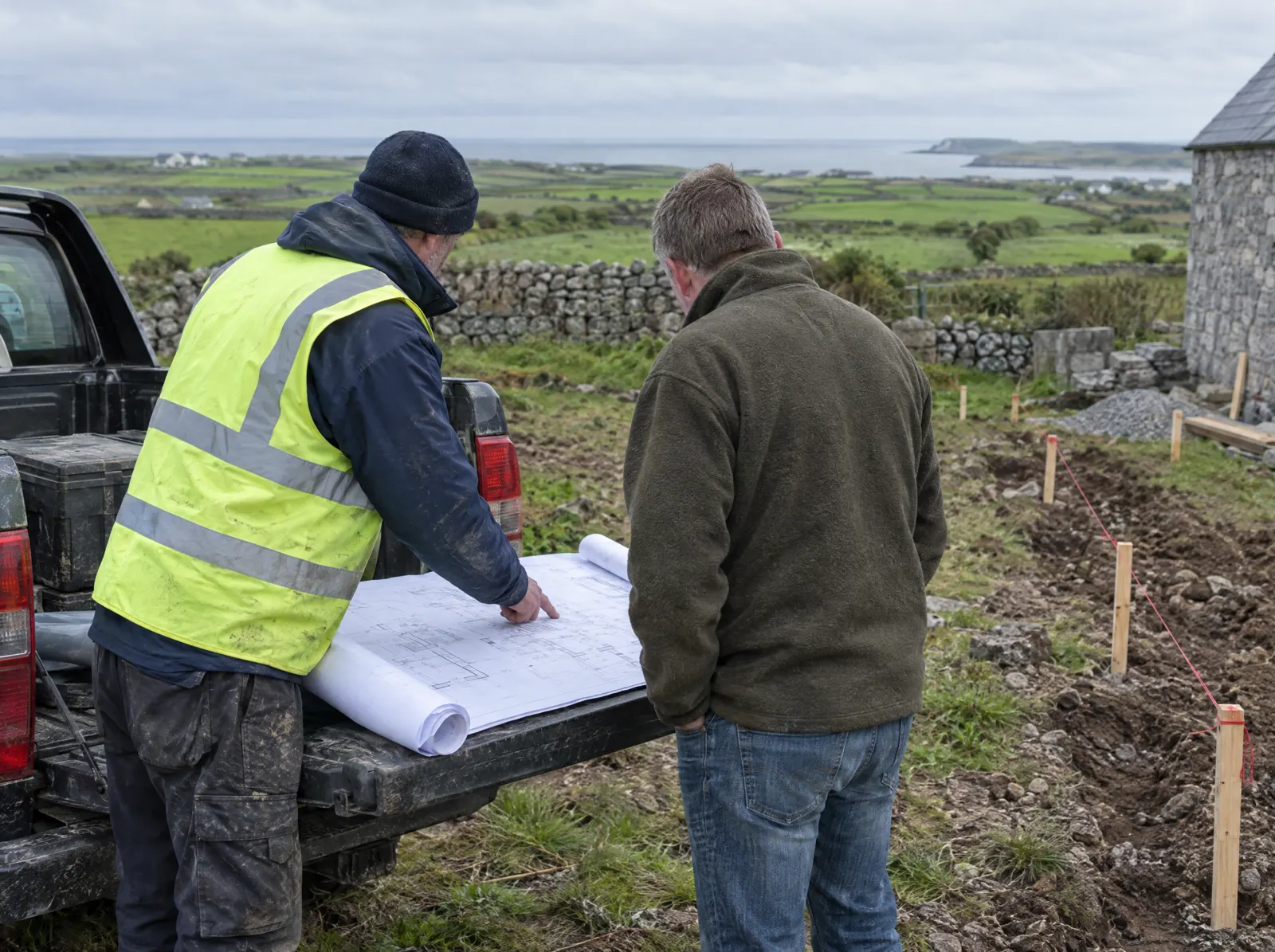 A builder and a homeowner reviewing plans on a rural site in Clare
